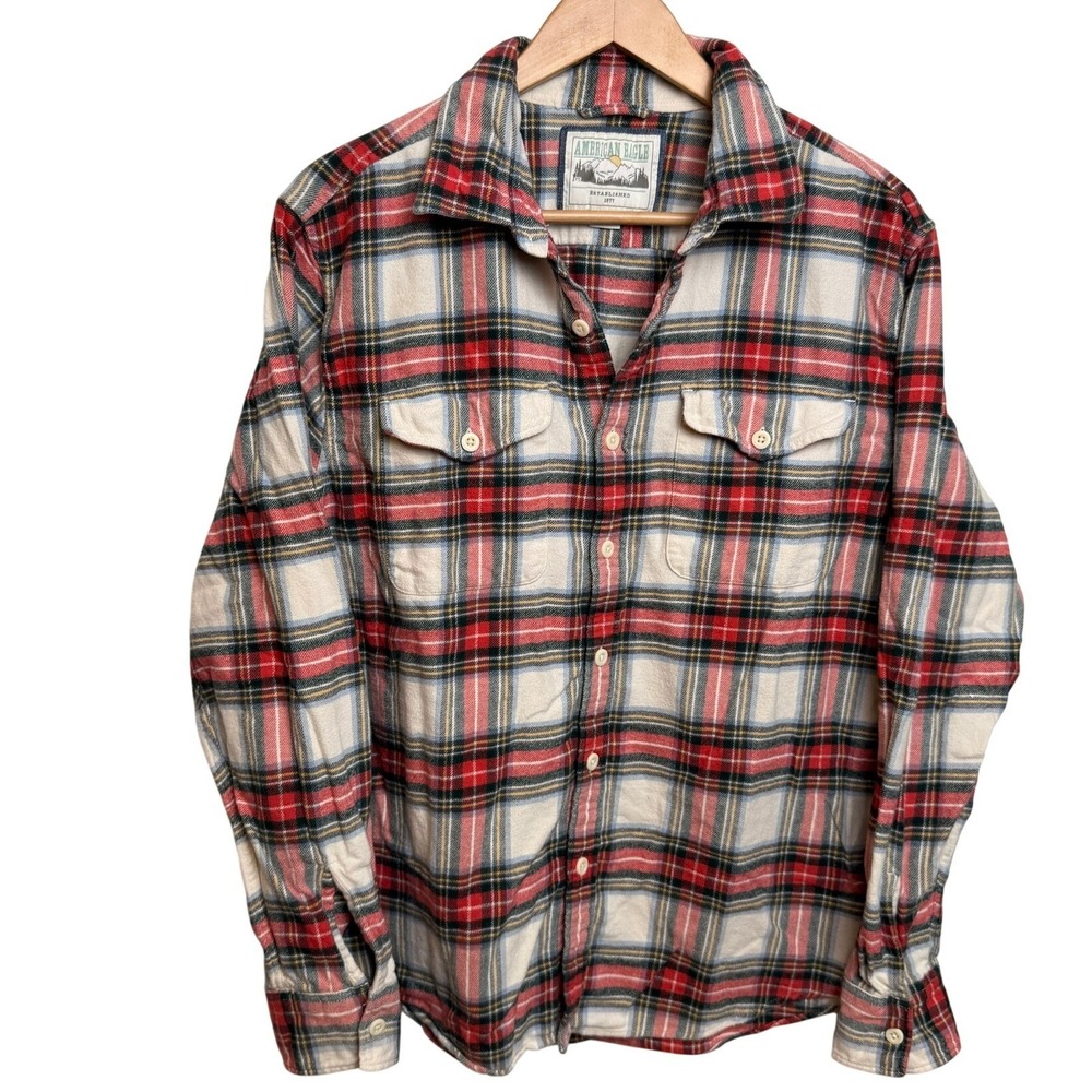 AMERICAN EAGLE Mens Flannel Shirt L Red White Plaid Button Down Heritage Gorp